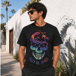 Tropical Skull Watercolor Palm Trees Beach Vibes T-Shirt