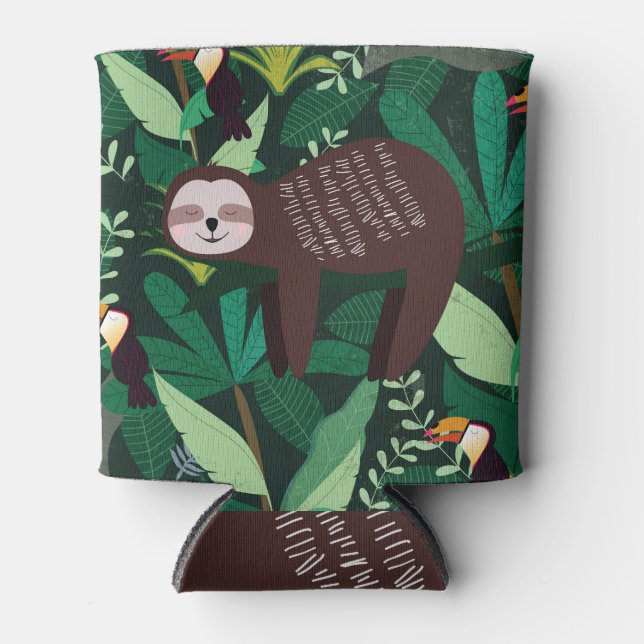 Tropical Sloth: Cartoon Seamless Pattern Can Cooler (Front)