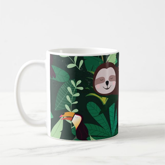 Tropical Sloth: Cartoon Seamless Pattern Coffee Mug (Left)