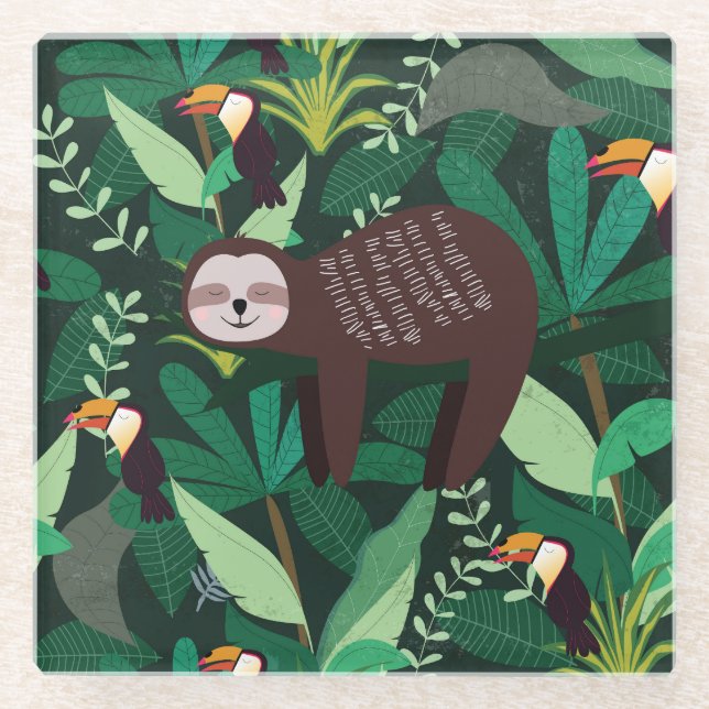 Tropical Sloth: Cartoon Seamless Pattern Glass Coaster (Front)