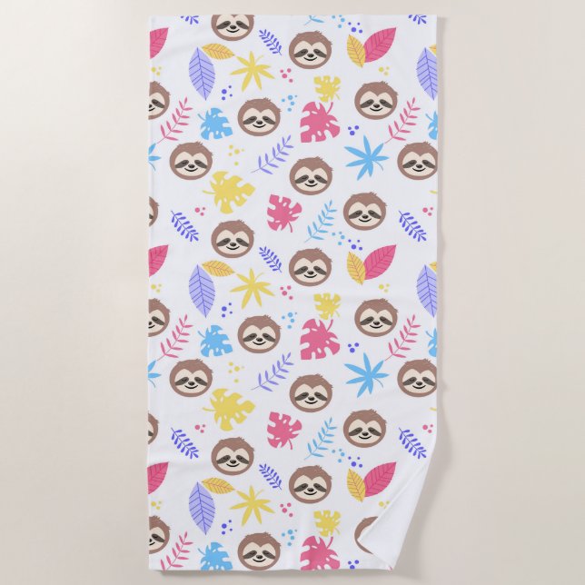 Tropical Sloth & Leaves Pattern Beach Towel (Front)