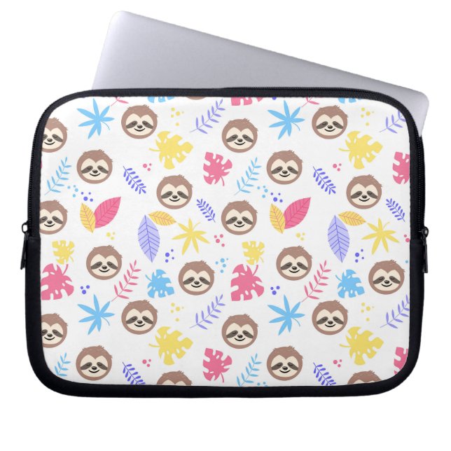 Tropical Sloth & Leaves Pattern Laptop Sleeve (Front)