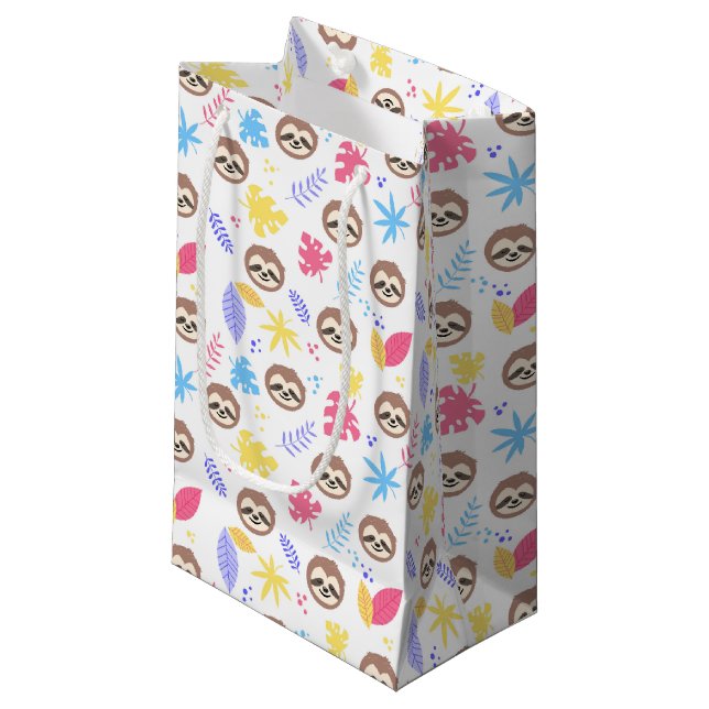 Tropical Sloth & Leaves Pattern Small Gift Bag (Front Angled)