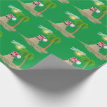 tropical snowman with palm tree wrapping paper<br><div class="desc">Sand snowman with red and white stocking cap and sunglasses.
Christmas lights on palm tree with bright sunshine through white fluffy clouds on green background.
Background colour can be edited.</div>