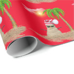 tropical snowman with palm tree wrapping paper<br><div class="desc">Sand snowman with red and white stocking cap and sunglasses.
Christmas lights on palm tree with bright sunshine through white fluffy clouds on red background.
Background colour can be edited.</div>