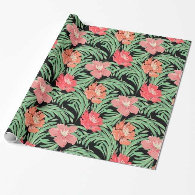 Tropical Soiree Watercolor Botanical Pattern Wrapping Paper (Unrolled)