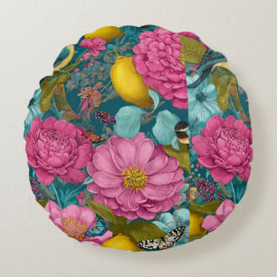 Tropical Songbird Pink Peony & Citrus Seamless Pat Round Cushion