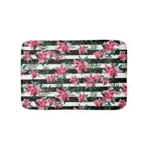Tropical Sparkling Flowers Black and White Stripes Bath Mat