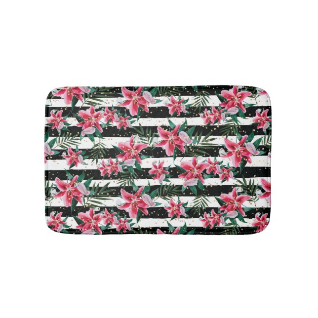 Tropical Sparkling Flowers Black and White Stripes Bath Mat (Front)