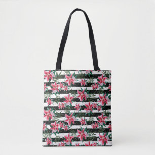 Tropical Sparkling Flowers Black and White Stripes Tote Bag