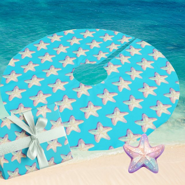 Tropical Sparkling Starfish Christmas Holiday  Brushed Polyester Tree Skirt (A sparkly starfish Christmas tree skirt!)