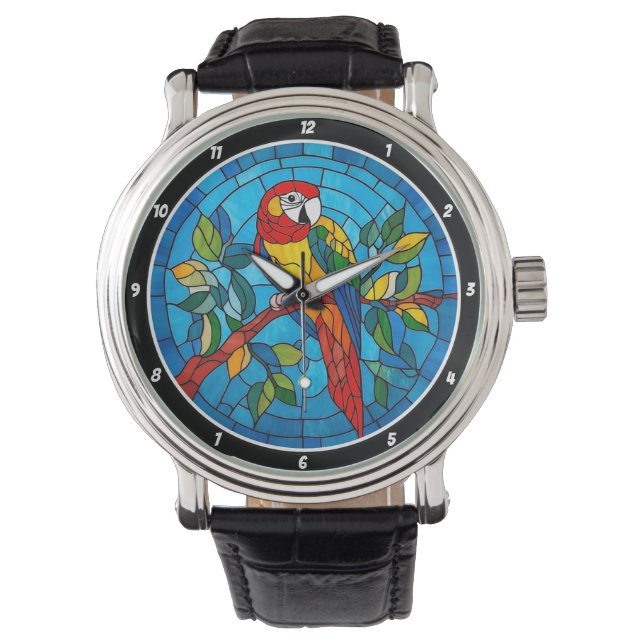 Tropical Splendour" - Stained Glass Parrot Wall Watch (Front)