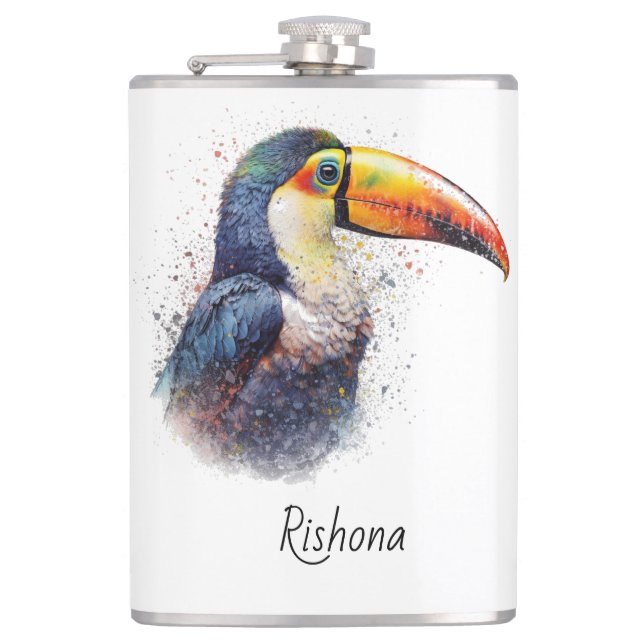 Tropical Splendour Toucan, custom Hip Flask (Front)