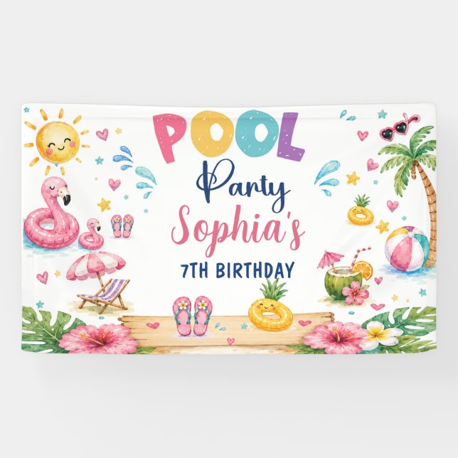 Tropical Splish Splash Pool Party Birthday  Banner (Horizontal)