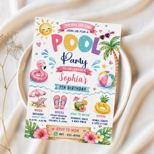 Tropical Splish Splash Pool Party Birthday Invitation