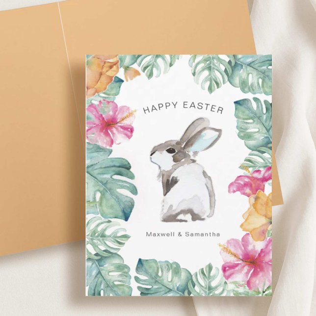 Tropical Spring Bunny Easter Card (Unique Easter cards designed with tropical botanicals and a watercolor bunny art. )