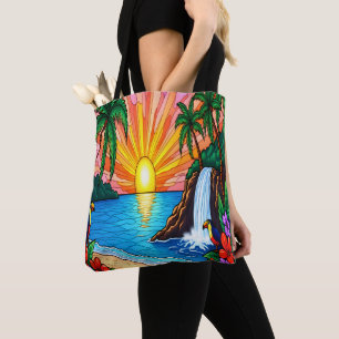 Tropical Stained Glass Sunset Tote Bag