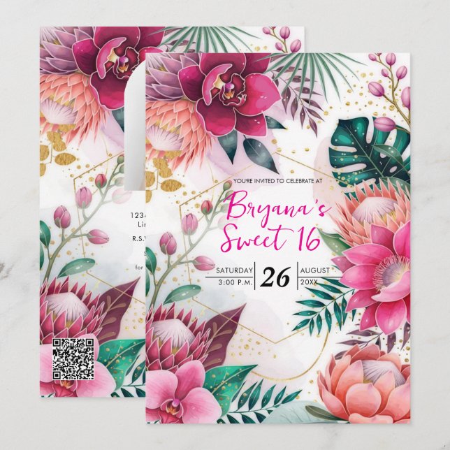 Tropical Stardust Garden Floral Paradise Sweet 16 Invitation (Front/Back)