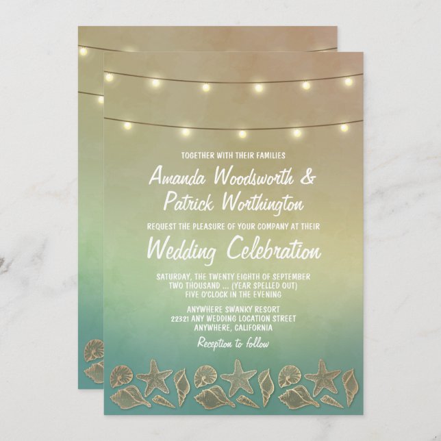 Tropical Starfish and Seashell Wedding Invitations (Front/Back)