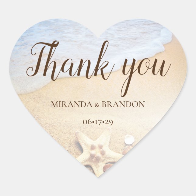 Tropical Starfish Beach Wedding Thank you Heart Sticker (Front)