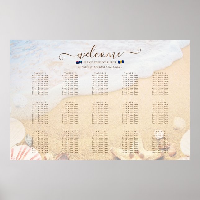 Tropical Starfish Flag Beach Wedding Seating Chart (Front)