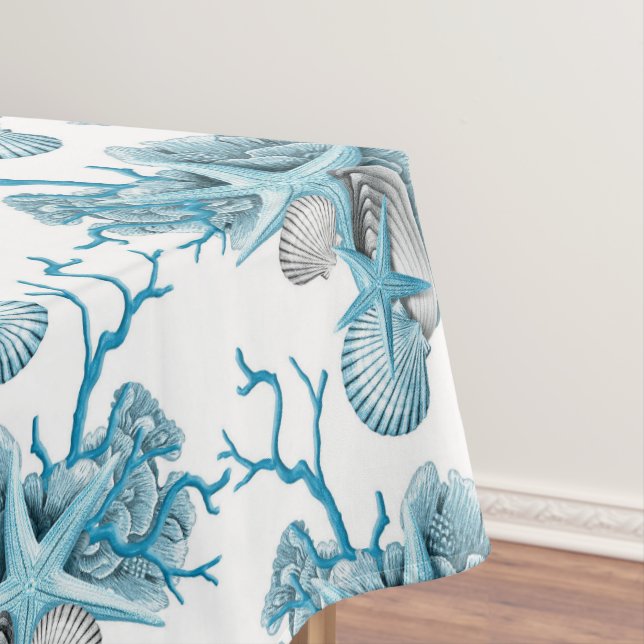 Tropical Starfish Shells Coral Blue White Silver Tablecloth (In Situ)