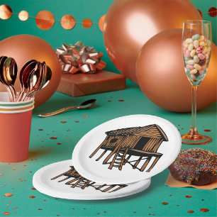 Tropical Stilt House Traditional Thatched Hut Paper Plate