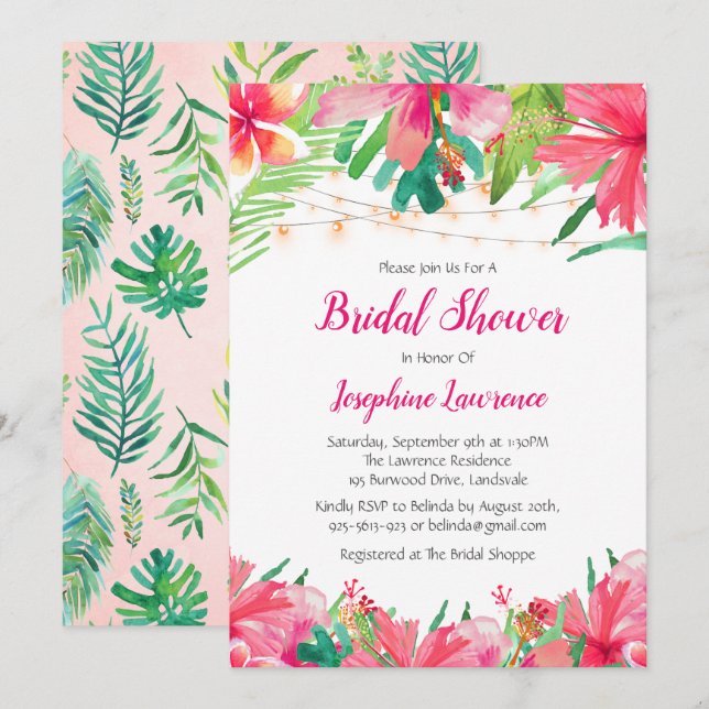 Tropical String Lights Floral Bridal Shower Invitation (Front/Back)