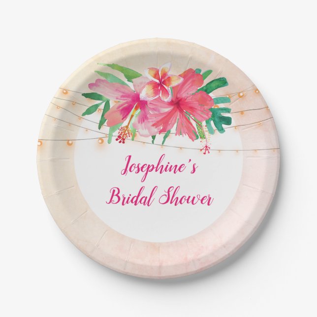 Tropical String Lights Floral Bridal Shower Paper Plate (Front)