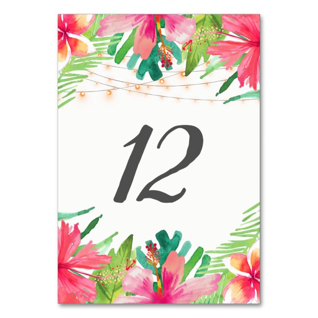 Tropical String Lights Floral Table Number Cards (Front)