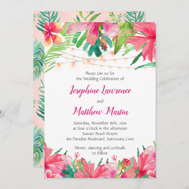Tropical String Lights Floral Wedding Invitations (Front/Back)