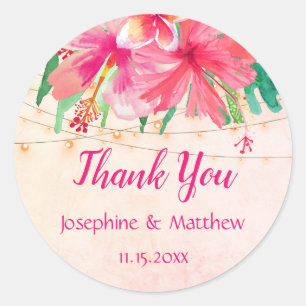 Tropical String Lights Floral Wedding Thank You Classic Round Sticker