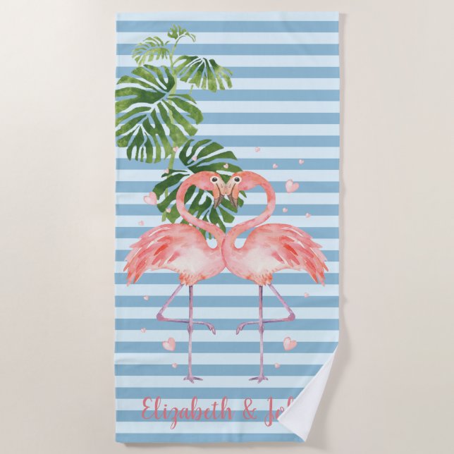 Tropical ,Striped ,Flamingos In Love Beach Towel (Front)