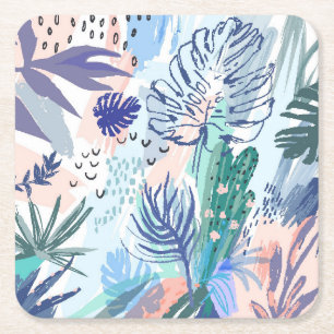 Tropical Style Floral Pattern Square Paper Coaster