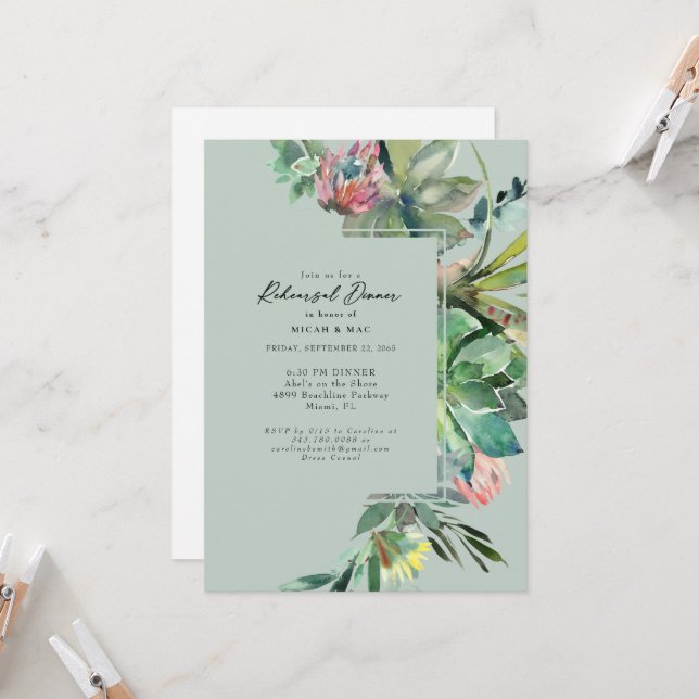 Tropical Succulent Cactus Rehearsal Dinner Invitation (Front/Back In Situ)