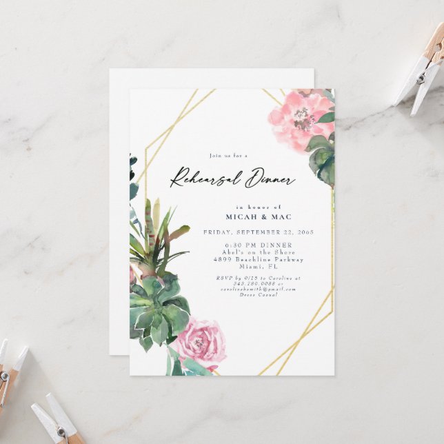 Tropical Succulent Rehearsal Dinner Invitation (Front/Back In Situ)