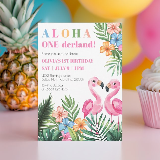 Tropical Summer 1st  Flamingo Onederland Birthday  Invitation (Tropical Summer 1st Flamingo Onederland Birthday Invitation)