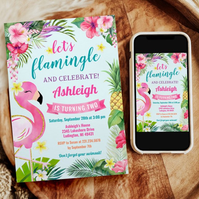 Tropical Summer 2nd Birthday Invitation (Tropical Summer Flamingo 2nd Birthday Party Invitation.)