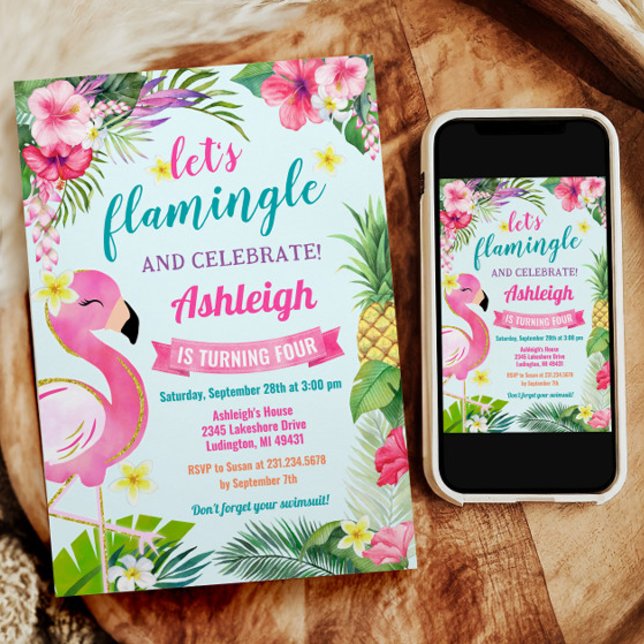 Tropical Summer 4th Birthday Invitation (Tropical Summer Flamingo 4th Birthday Invitation)