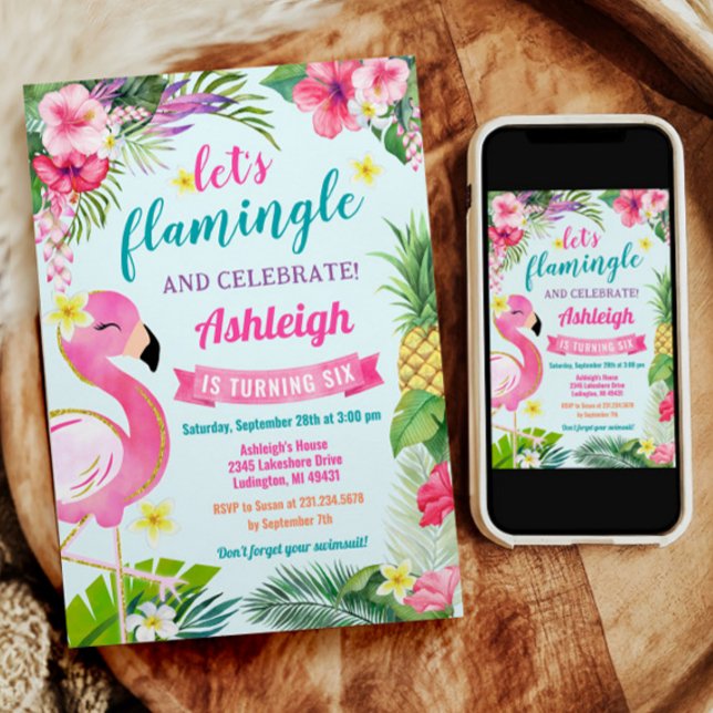 Tropical Summer 6th Birthday Invitation (Summer Tropical Flamingo 6th Birthday Invitation)