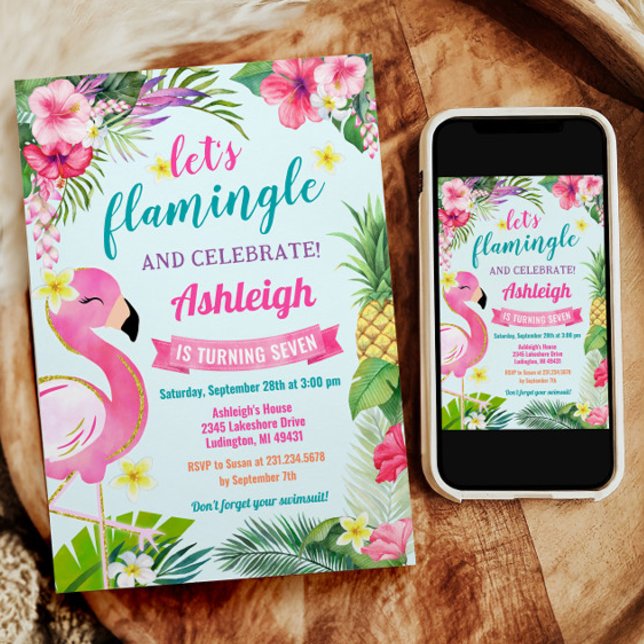 Tropical Summer 7th Birthday Invitation (Summer Tropical Flamingo 7th Birthday Invitation)