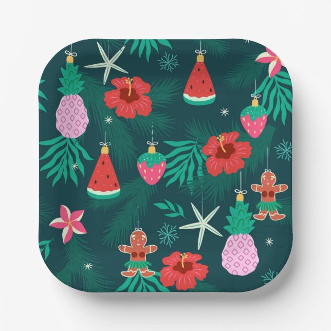 Tropical Summer Beach Christmas Holidays New Year Paper Plate (Front)
