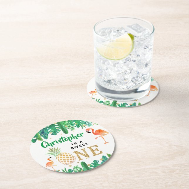 Tropical Summer Beach Luau Boys 1st Birthday Round Paper Coaster (Insitu)