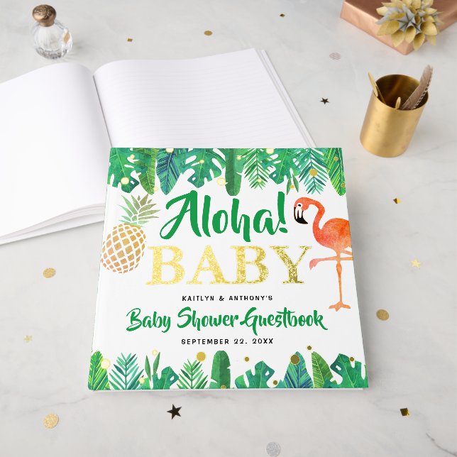 Tropical Summer Beach Luau Boys Baby Shower Real Guest Book (Front Open)