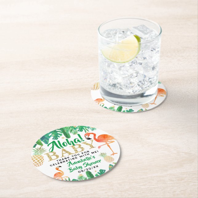 Tropical Summer Beach Luau Boys Baby Shower Round Paper Coaster (Insitu)