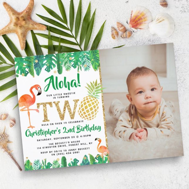 Tropical Summer Beach Luau Boys Photo 2nd Birthday Invitation (Creator Uploaded)