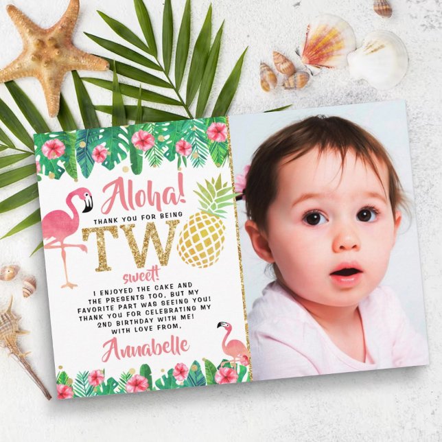 Tropical Summer Beach Luau Girl Photo 2nd Birthday Thank You Card (Creator Uploaded)