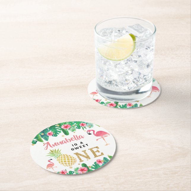 Tropical Summer Beach Luau Girls 1st Birthday Round Paper Coaster (Insitu)