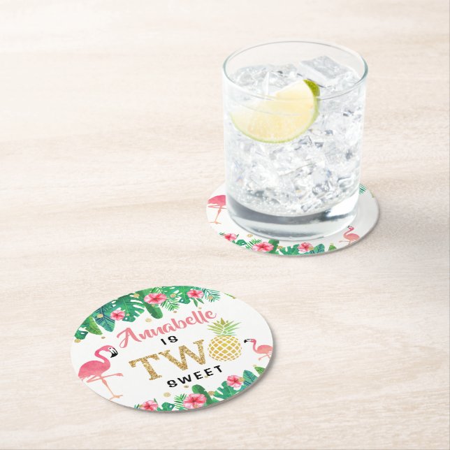 Tropical Summer Beach Luau Girls 2nd Birthday Round Paper Coaster (Insitu)