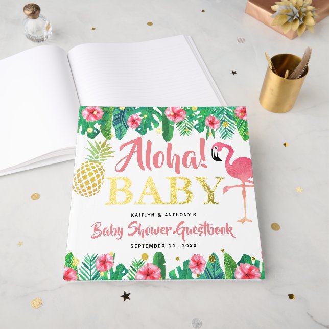 Tropical Summer Beach Luau Girls Baby Shower Real Guest Book (Front Open)